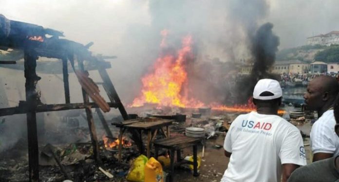 Fire Destroys part of Elmina Fish Market and two injured