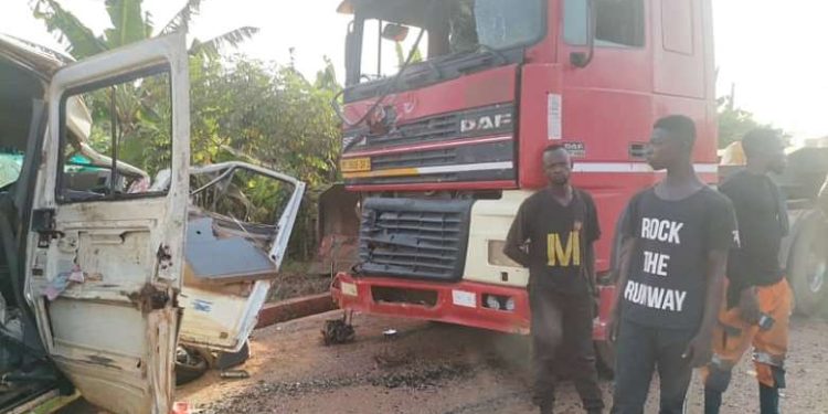 One Feared Dead, 20 Injured As Lowbird Truck Crashes Into Sprinter Bus At Atwima Denkyemuoso