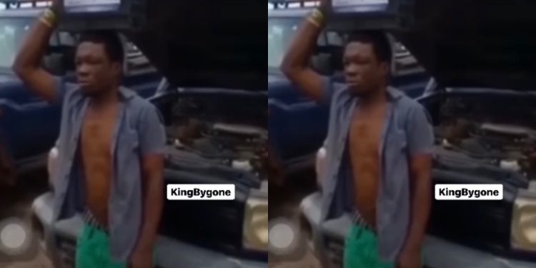 Thief Caught Stealing Ghana Police Car Battery Made To Carry The Battery On His Head