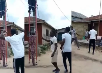 Electricity Company Worker Falls To The Ground As Residents Push His Ladder