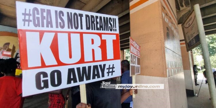 Ghana Football Stakeholders Forum demonstrate against Kurt Okraku and GFA administration