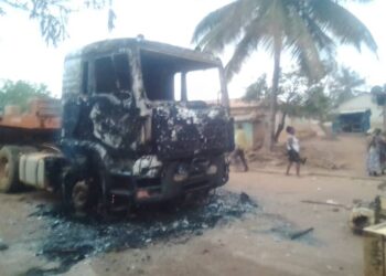 Irate youth at Sabromum burn flatbed truck for transporting an excavator to illegal mining site in community