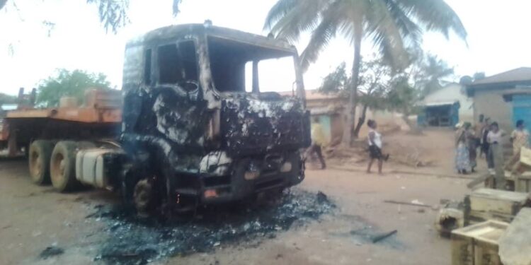 Irate youth at Sabromum burn flatbed truck for transporting an excavator to illegal mining site in community