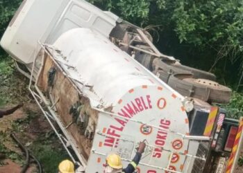 Driver, mate narrowly escape death as tanker plunges into river