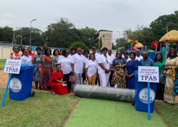 Tema Parents Association School 1976 Alumni donate astro turf playground and 50 dustbins to Preschool
