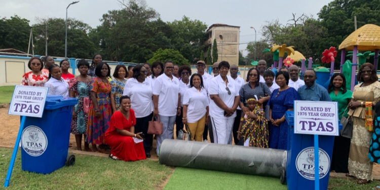 Tema Parents Association School 1976 Alumni donate astro turf playground and 50 dustbins to Preschool